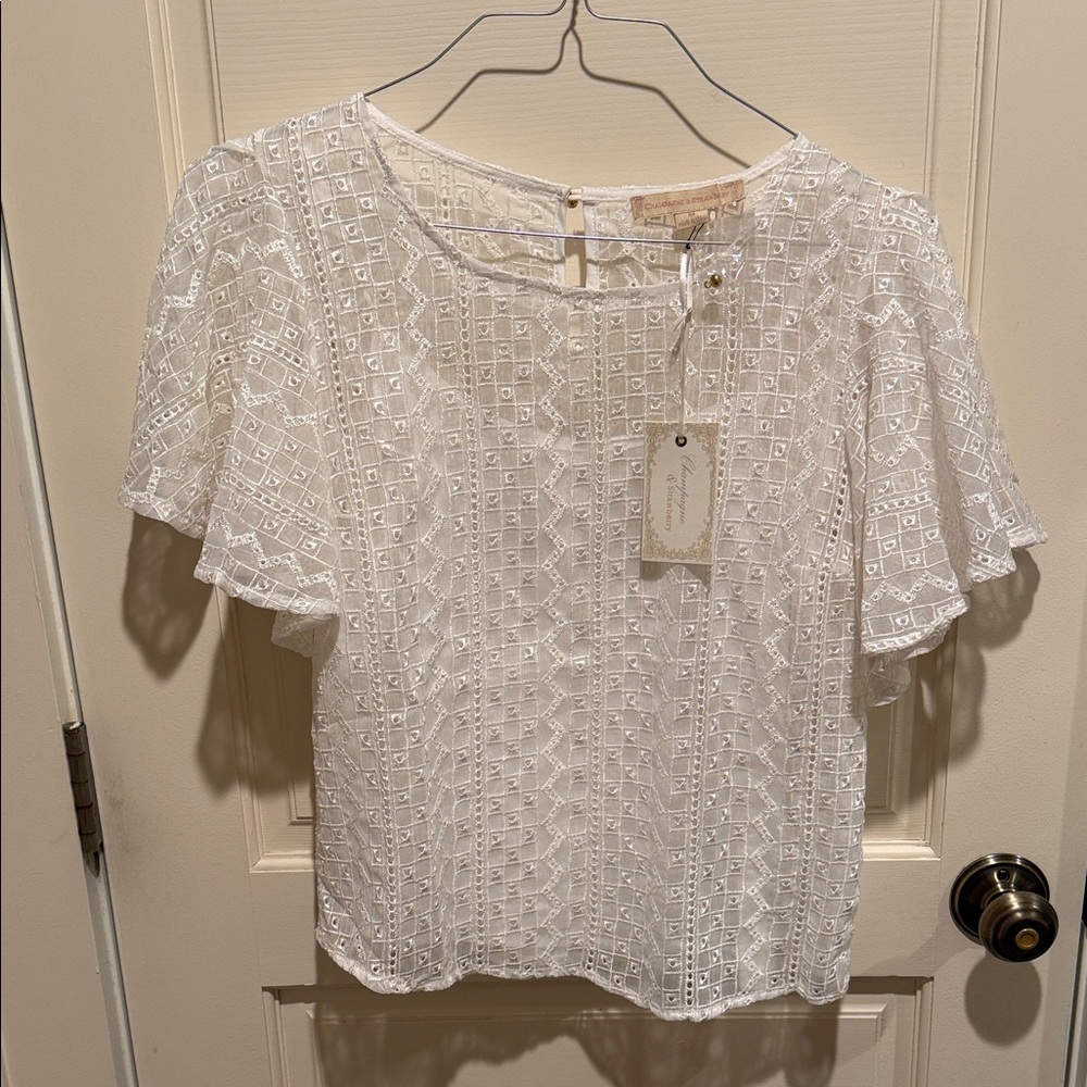 White Lace Blouse with ruffle sleeves- medium NWT